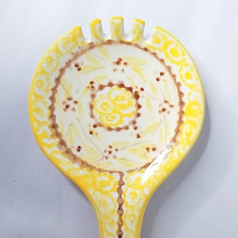 Temp-Tations by Tara Yellow Floral Ceramic Salad Serving Spoon and Fork